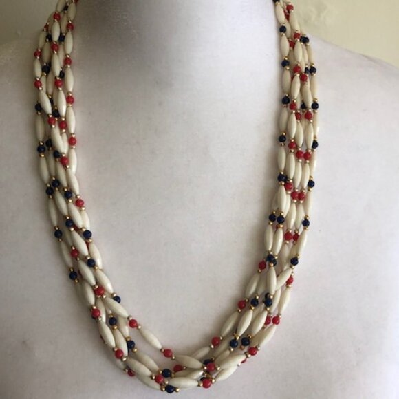 HONG KONG Red White Blue Lucite Bead 6 Strand Vintage Necklace - Picture 1 of 15